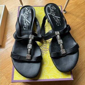 Brighton Black Leather T-Bar Sandals with Silver Accents